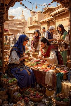 a painting of people shopping at an outdoor market with food on the table in front of them