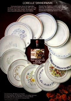 an advertisement for corelle dinnerware with flowers on the front and side plates in different colors