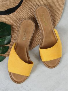 Trendy Yellow Slip-on Sandals, Leather Sole Slip-on Open Toe Slippers, Yellow Slip-on Fun Sandals, Yellow Textured Footbed Slip-on Sandals, Yellow Slip-on Slides With Removable Insole, Types Of Sandals, Fancy Sandals, Girls Flats