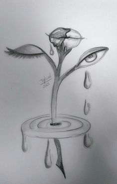 a drawing of a flower with water drops coming out of it and an eye in the middle