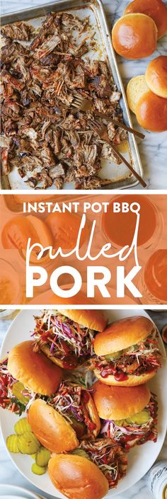 an image of pulled pork sandwiches with bbq in the background and text overlay that reads instant pot bbq pulled pork