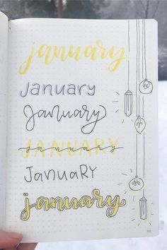 someone is holding up a notebook with some writing on it in their hand and the words january, january, january, january