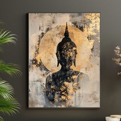 a painting on a wall with a buddha statue in the center and a potted plant next to it