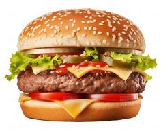 a hamburger with cheese, lettuce and tomato