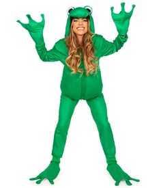 a woman in a green frog costume is posing for the camera with her hands up