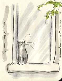 a drawing of a cat sitting on a window sill looking out at the outside