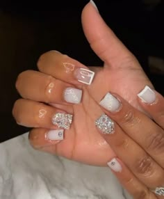 Baddie Nails Acrylic Black And White, Short Nail Crystal Designs, Cute Short Nails With Rhinestones, White Short Nails With Rhinestones, Shirt Square Acrylic Nails, Short Acrylic Nails With Rhinestones, Nails For 5th Grade, Short Set Acrylic Nails, Short Nails With Rhinestones