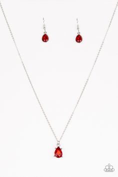 Featuring a regal teardrop cut, a radiant red gem swings from the bottom of a dainty silver chain, creating a timeless pendant below the collar. Features an adjustable clasp closure. Sold as one individual necklace. Includes one pair of matching earrings. Black Gems, Prom Jewelry, Gem Necklace, Red Necklace, Red Jewelry, Solitaire Necklaces, Classy Jewelry, Paparazzi Accessories, Teardrop Necklace