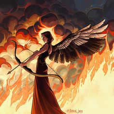 a painting of an angel holding a bow and arrow with flames in the back ground