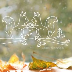 two squirrels sitting on a tree branch in front of a window with autumn leaves