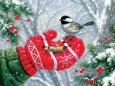 a painting of a bird sitting on top of a red mitt in the snow