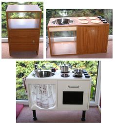 two pictures of an oven and sink in front of a window