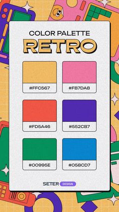 the color palette for retro is shown in various colors and sizes, including red, yellow, green, blue, purple, orange