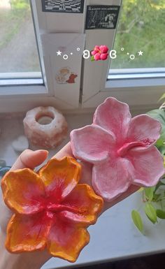 two pink and orange flowers sitting on top of a window sill next to a donut