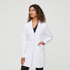 Women’s Bellevue Slim Long Lab Coat  - White · FIGS Women's Lab Coats, Lab Coats, Tuxedo Dress, Tailored Blazer, Invisible Zip, Model Fits, Blazer Dress, Lapel Collar, Anti Wrinkle