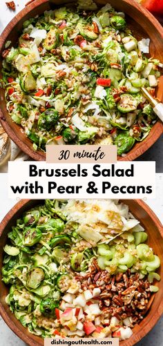 brussel salad with pears and pecans in a wooden bowl on a white table