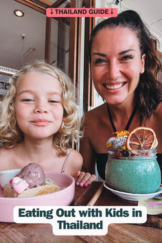 a woman and child eating out with kids in thailand