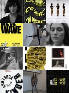 a collage of various images with the words wave written in black and yellow on them