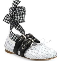 White Weave Pattern. Round Toe, Double Buckles And Ankle Ties. Comes With One Gingham Strap, One Black Strap That Are Removable. 100% Leather. Still In Original Box. Miu Miu Leather Sandals For Spring, Miu Miu Sandals With Heel Strap For Spring, Miu Miu Heel Strap Sandals For Spring, Chic Miu Miu Sandals For Spring, White Leather Flat Heel Lace-up Sandals, Chic White Lace-up Flat Sandals, Chic White Flat Heel Lace-up Sandals, Chic White Lace-up Flat Heel Sandals, Chic White Lace-up Sandals With Flat Heel