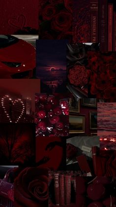 a collage of red images with the word love written on them and roses in the background