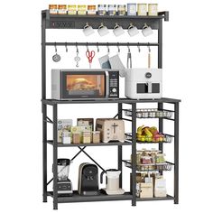 a kitchen shelving unit with microwave, coffee maker and other items on it's shelves