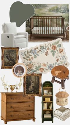 Vintage Woodland Nursery mood board Antique Style Nursery, Vintage Outdoor Nursery, Park Ranger Nursery, Vintage Cottagecore Nursery, Nursery Mood Board Boy, Little Bear Nursery, Forest Theme Baby Room, Vintage Cottage Nursery, Whimsical Boy Nursery