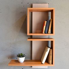 two wooden shelves with books and a plant on one shelf, against a gray wall