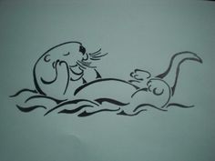 a drawing of two animals in the water