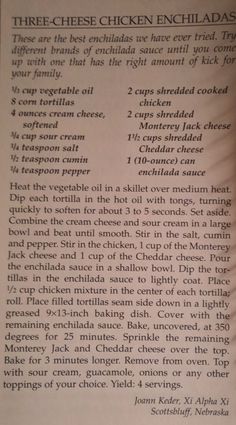 the recipe for three cheese chicken enchiladas is shown in an old book