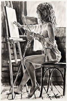 a woman sitting in front of a easel painting