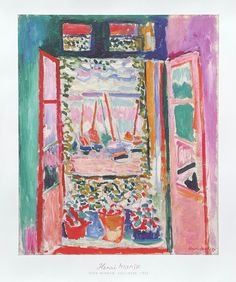 a painting of an open window with boats in the water