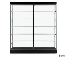 a black and glass display case with three shelves on each side, one is empty