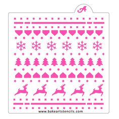 a pink and white christmas pattern with reindeers, snowflakes, and trees