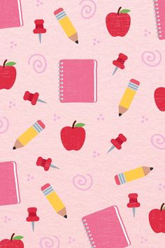 a pattern of notebooks, pencils, apples, push pins, and swirls on a pink background Back To School Wallpaper Backgrounds Aesthetic, School Theme Background Wallpaper, Back To School Apple Watch Wallpaper, Iphone Wallpaper Teacher, Pencil Wallpaper Backgrounds, Preppy Teacher Wallpaper, Pink Teacher Wallpaper, Pink Back To School Background, Cute School Wallpapers Aesthetic