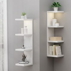 two white shelves with books and plants on them