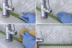 four pictures show how to clean a kitchen faucet