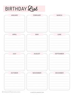 the printable birthday list is shown in pink and white with black lettering on it