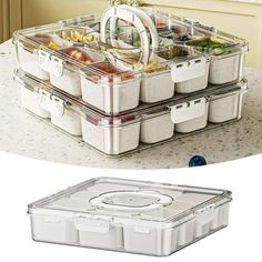 three plastic storage containers stacked on top of each other with lids and handles to hold food