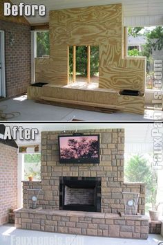 before and after pictures of a brick fireplace being built in a home's front yard