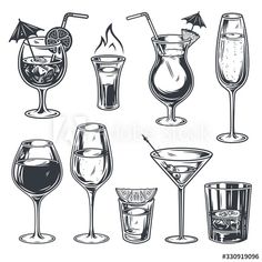 different kinds of alcohol glasses and drinks in black and white colors on a white background