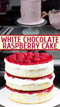 white chocolate raspberry cake on a plate with the words, white chocolate raspberry cake