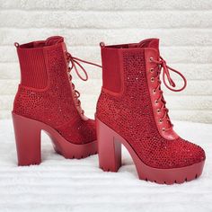 Beautiful Red Rhinestone Ankle Boots Faux Suede With Elastic Trim 4.75" Heel With A 1.5" Platform Deep Lug Tread Adjustable Lace Up Front Design New In Box Runs True To Size Red And Gold Shoes, High Heel Platform Ankle Boots, Red Platform Boots, Red Timberland Boots, Rhinestone Ankle Boots, Red Heel Boots, Red Platform Heels, Lace Up Wedge Boots, Lizzie Hearts