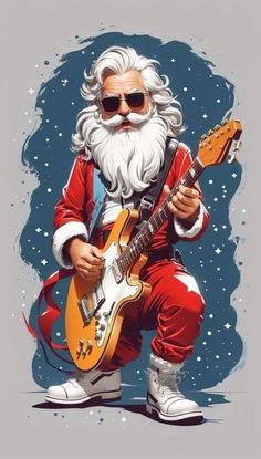 santa claus playing an electric guitar in the snow