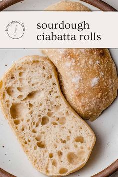 two loaves of sourdough ciabatta rolls on a white plate with text overlay