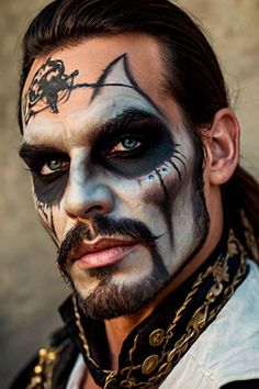 Spine-Chilling Halloween Makeup Ideas for Men ★ Pirate Makeup Men Halloween Makeup Ideas For Men, Halloween Makeup For Men, Makeup Ideas For Men, Clown Skeleton, Joker Makeup Tutorial, Warlock Costume, Mens Halloween Makeup, Zombie Clown, Pumpkin Vampire