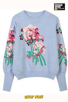 Embroidery Floral Sweater The embroidery art theme on this floral sweater is both simple and beautiful. Big Flower Embroidery, White Crop Sweater, Autumn Jumpers, Striped Knitted Sweater, Embroidery Sweater, Wool Embroidery, Vintage Lanterns, Art Theme, Embroidery Floral