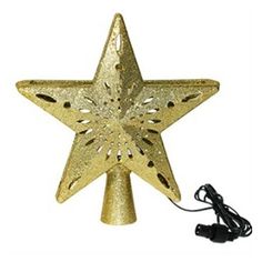 a gold star shaped christmas tree topper with a black cord attached to the side