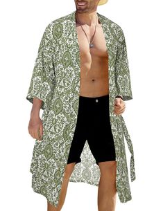 PRICES MAY VARY. 【HIGH QUALITY FABRIC】: This kimono jacket is made from ultra soft and lightweight fabric, it provides a comfortable, breathable and cool feeling. 【STYLISH DESIGN】: Men's open front cardigan with belts (side with belt loop), designed in 3/4 sleeves, Japanese kimono style, unique patterns and loose fit, brings you a trendy and tropical feel. 【EASY TO MATCH】: The men's long kimono cardigan is easy to pair with sandals, shorts, or swimwear or a T-shirt under this kimono jacket for a Yacht Holiday, Long Kimono Cardigan, Beach Pool Party, Lounge Robes, Tropical Party, Long Kimono, Casual Cardigans, Kimono Style, Kimono Cardigan