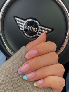 Aesthetic Nails For Summer 2023, Aesthetic Nails French Tip Color, Nail Ideas Blue And Pink, French Manicure Nails Colored, Sqoavle Nails, French Pastel Nails, Pastel Colored Nails, Mini French Nails, French Color Nails