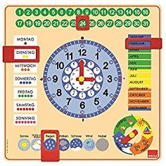 the children's learning clock with numbers and times on it, is shown in red